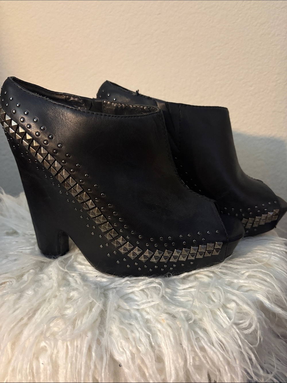 Sam Edelman Black Studded Peep-Toe Wedge Booties